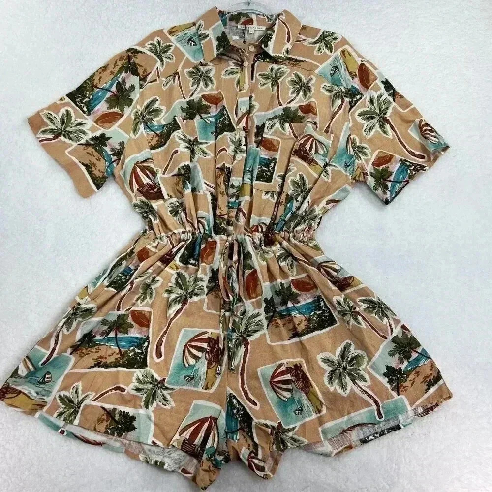 Label Of Love Womens sz L Romper Peach Tropical Print Jumpsuit Playset Vacation
